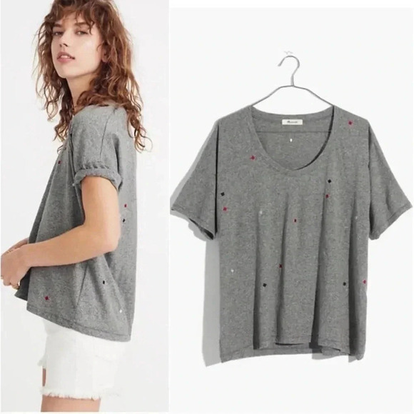 Madewell Gray Embroidered Square Dot Scoop Neck Short Sleeve Oversized Tee XS - Picture 3 of 8